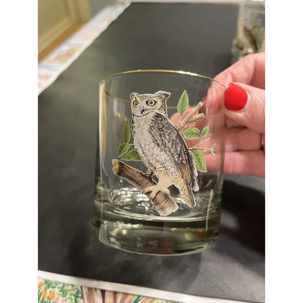 4pc MCM Owl on Branch Gold Rim Tumbler Old Fashion Glasses